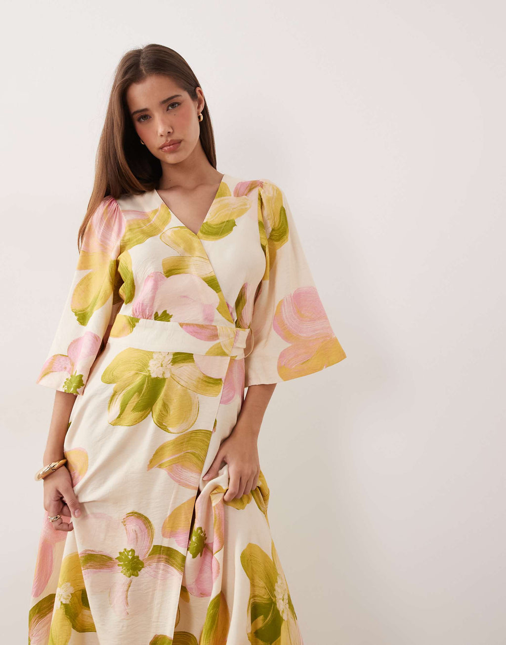 YAS ruffle sleeve wrap maxi dress in pastel floral print