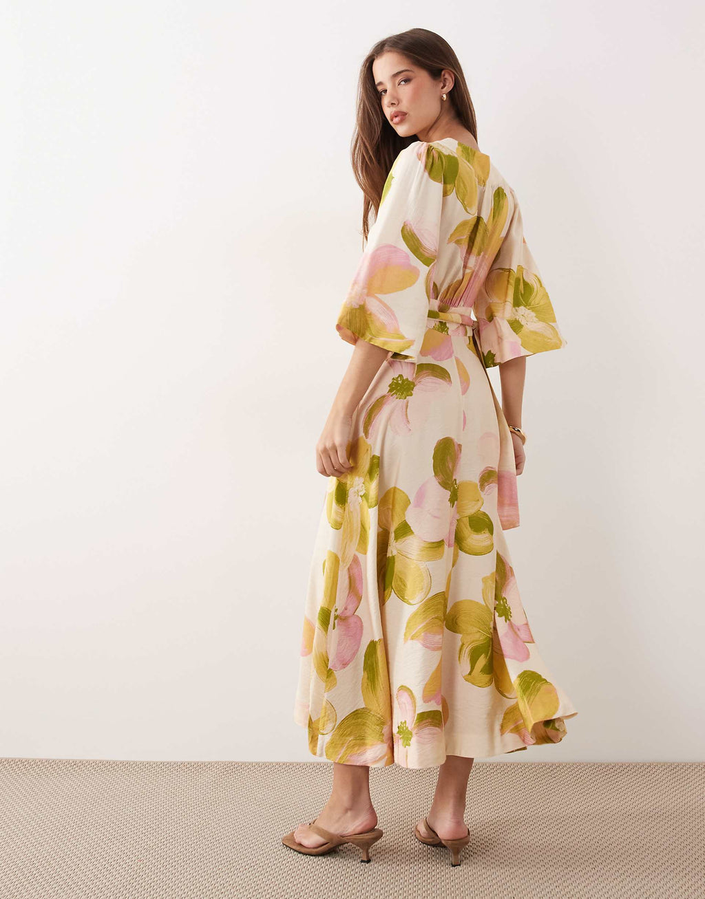 YAS ruffle sleeve wrap maxi dress in pastel floral print