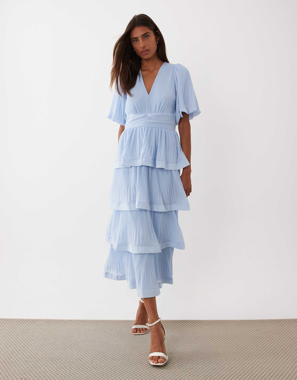 YAS plissé tiered maxi dress in pale blue