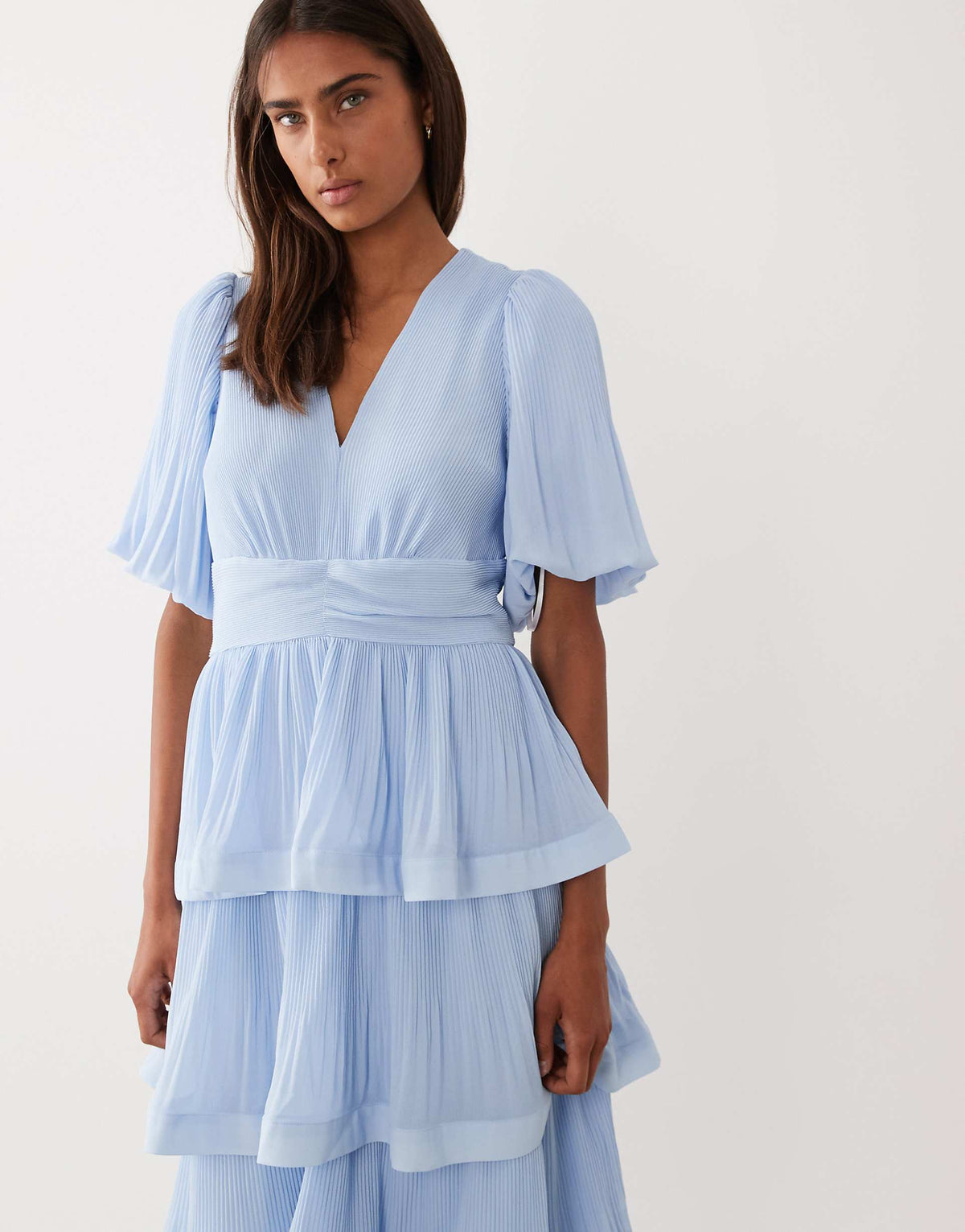 YAS plissé tiered maxi dress in pale blue