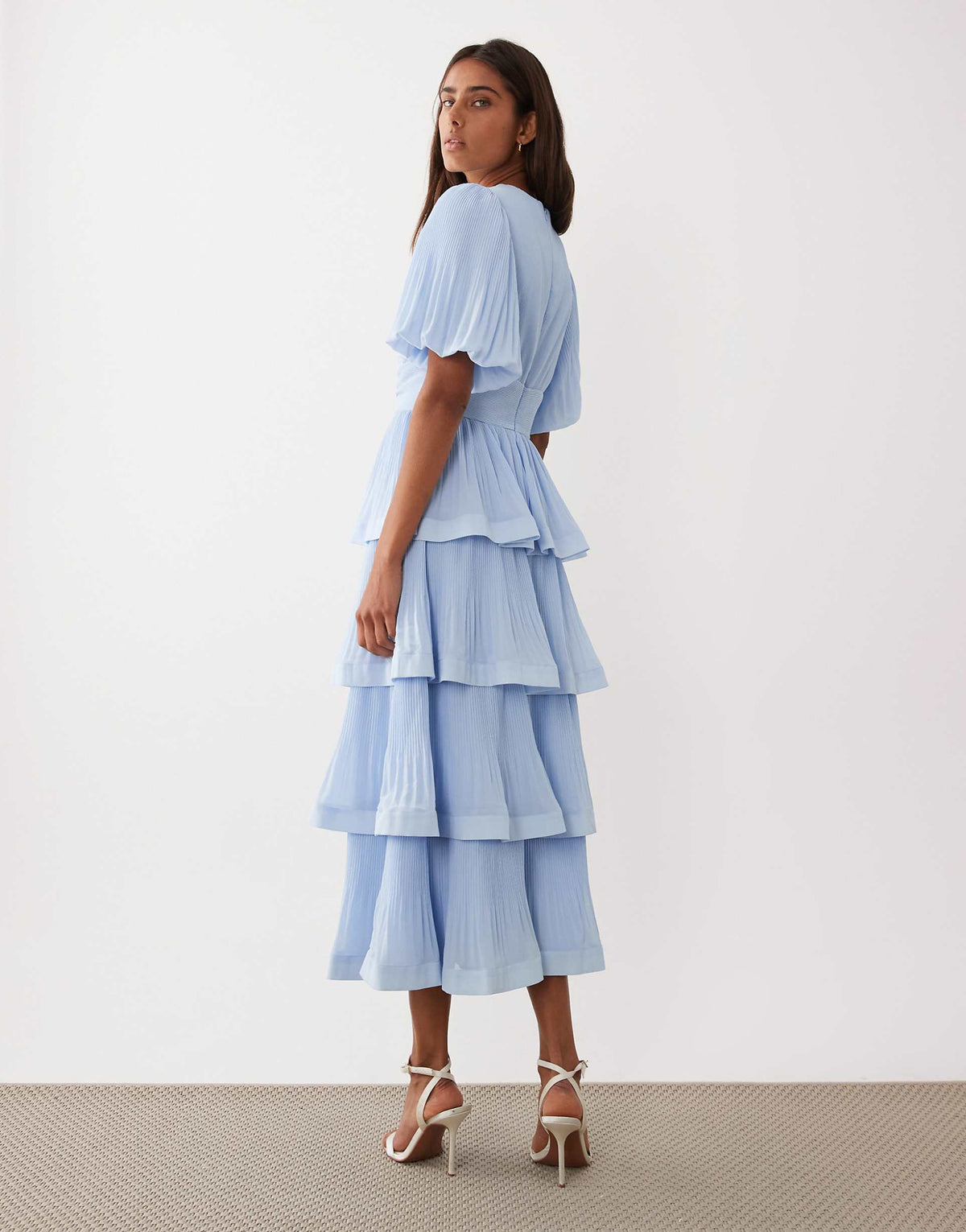 YAS plissé tiered maxi dress in pale blue