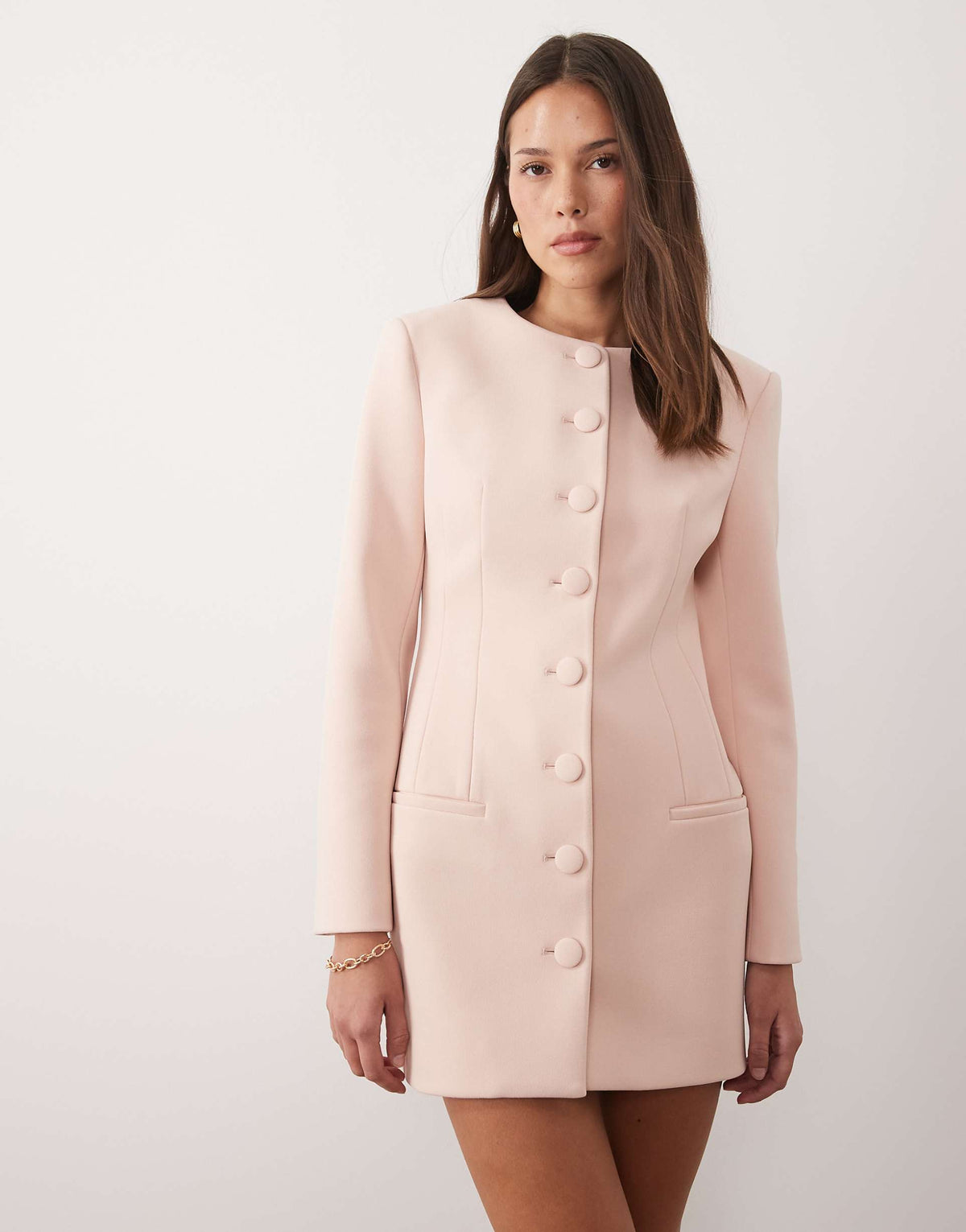 Wanderdoll exclusive Pippa premium tailored shoulder pad detailing structured mini dress in soft pink