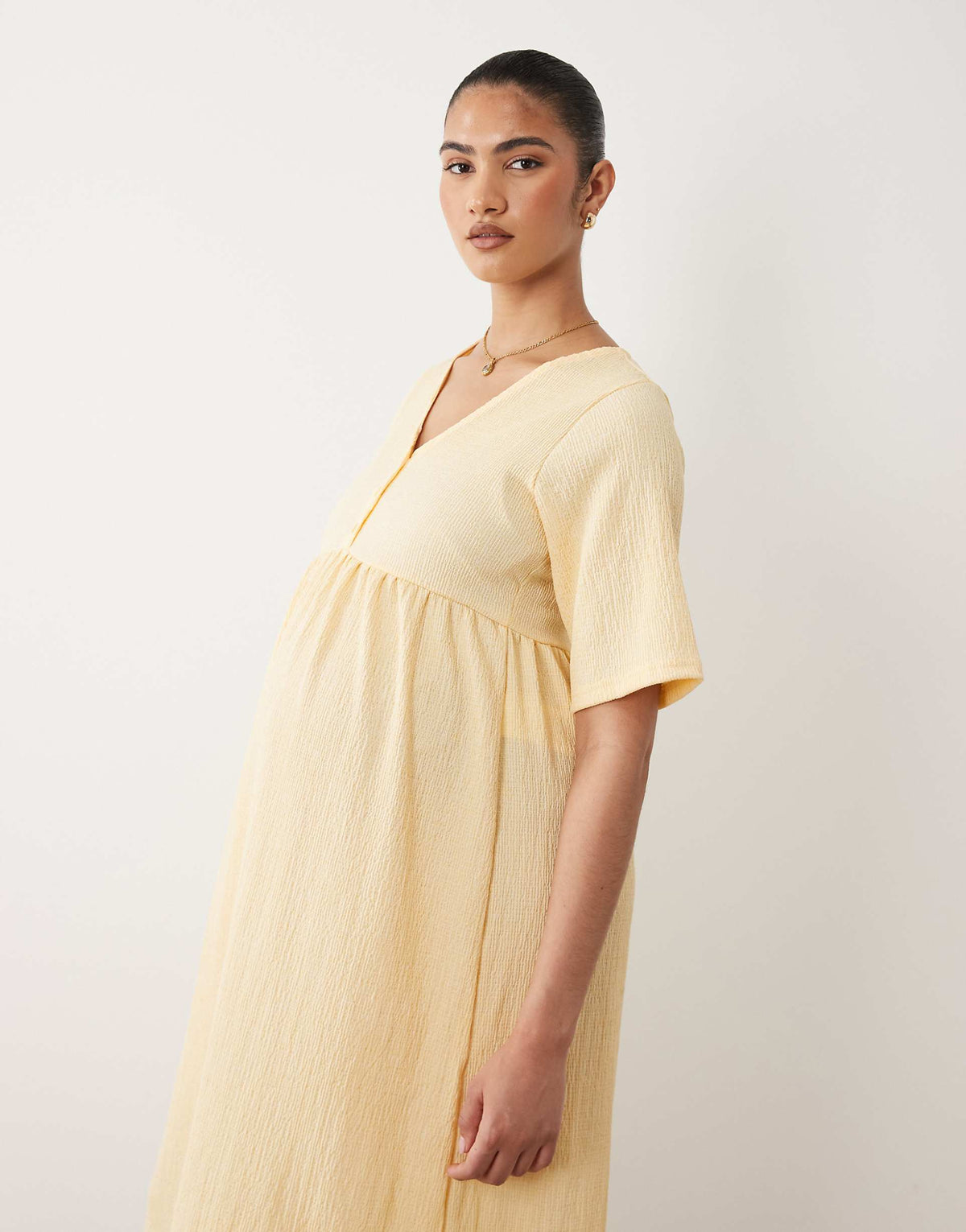 Mamalicious Maternity short sleeve nursing button detail textured jersey midi dress in yellow