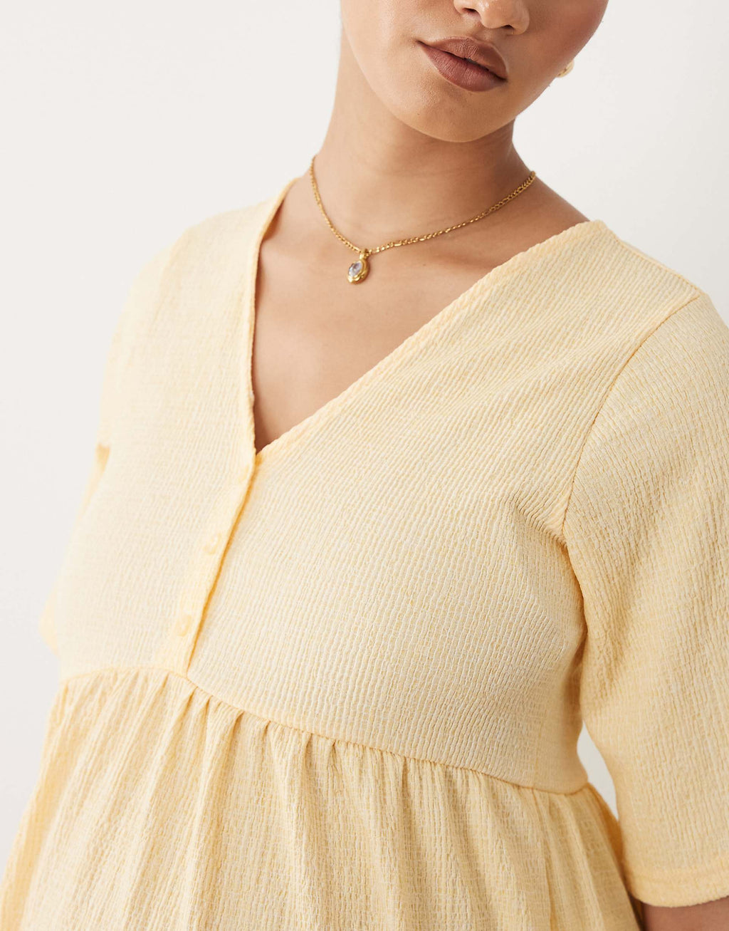 Mamalicious Maternity short sleeve nursing button detail textured jersey midi dress in yellow