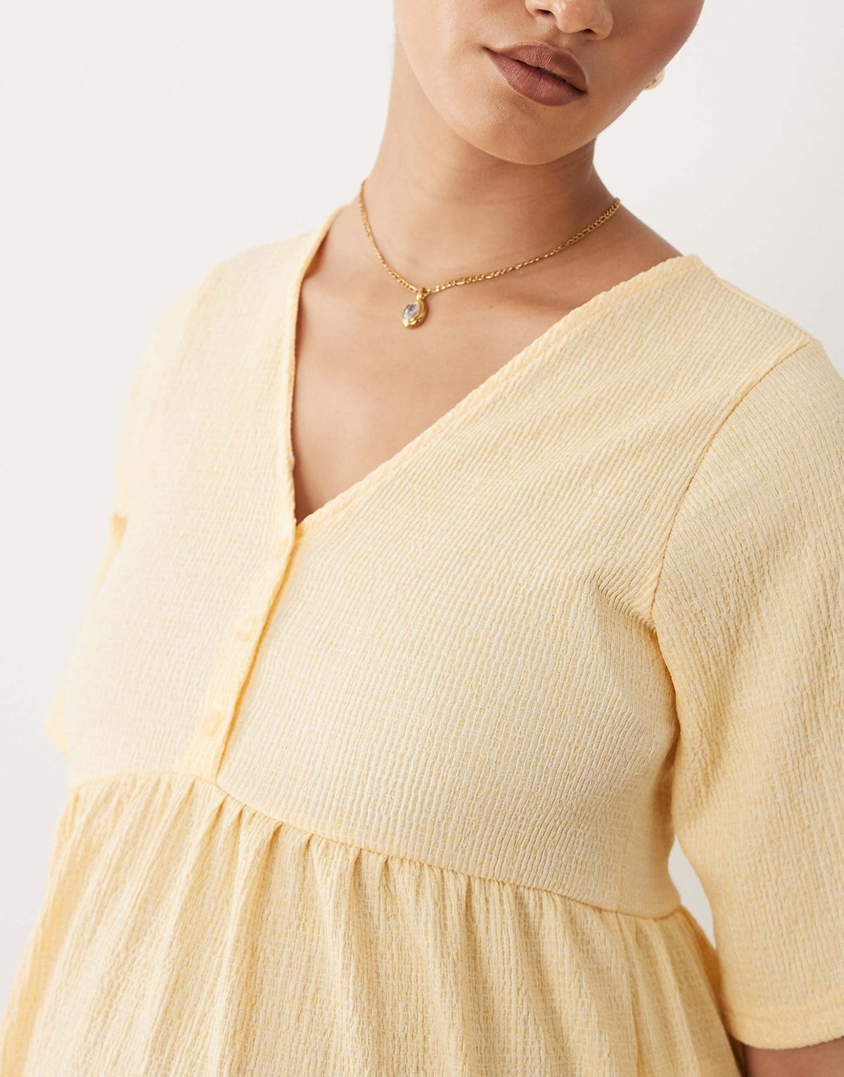 Mamalicious Maternity short sleeve nursing button detail textured jersey midi dress in yellow