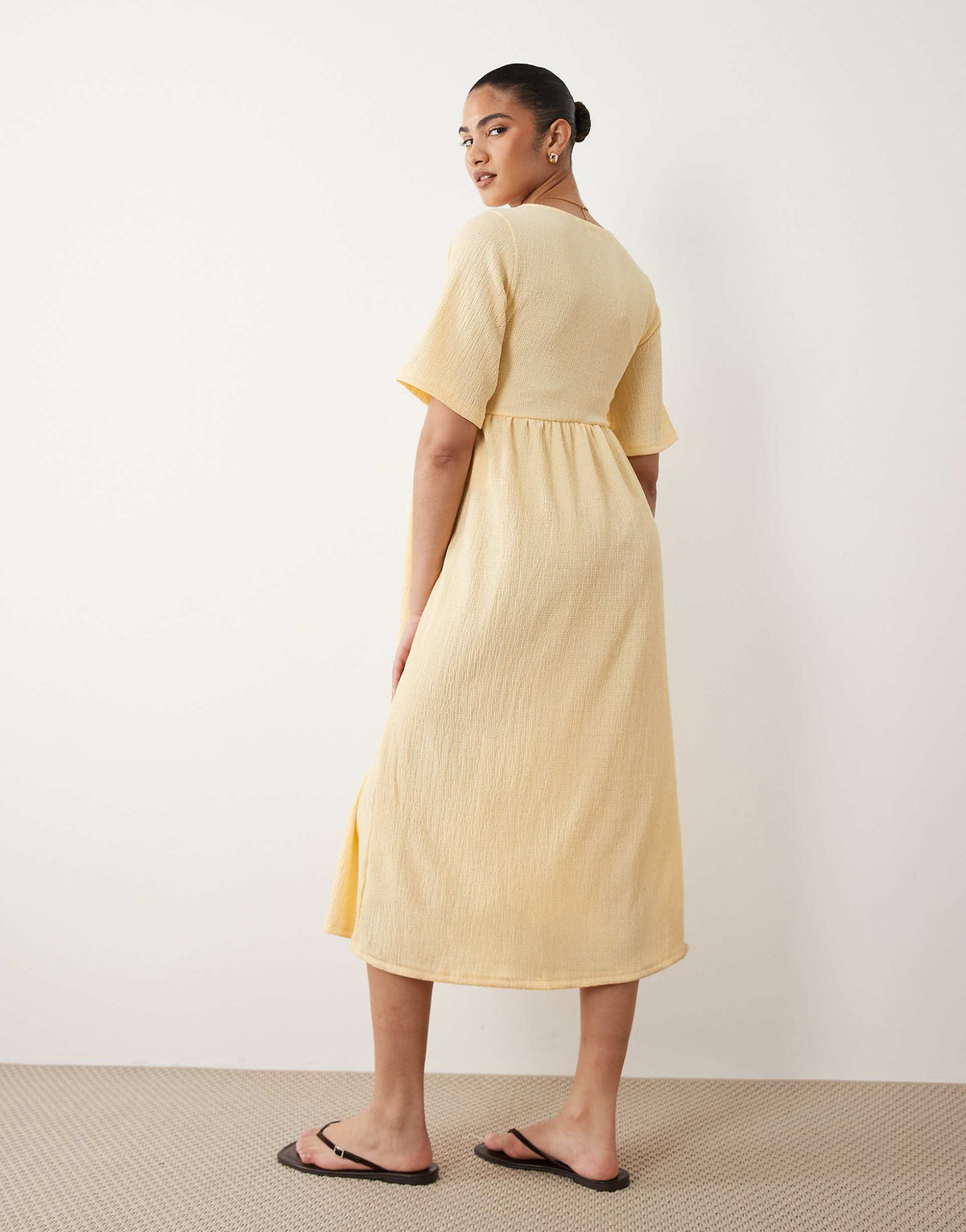 Mamalicious Maternity short sleeve nursing button detail textured jersey midi dress in yellow