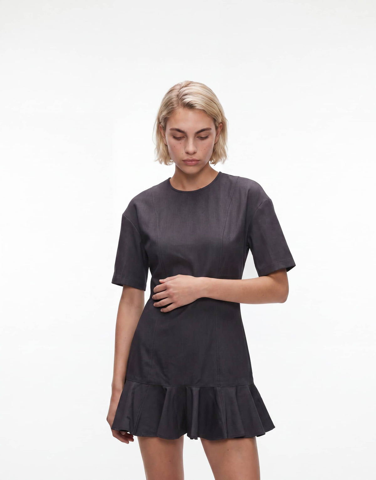 Monki mini dress with ruffle hem detail in dark gray
