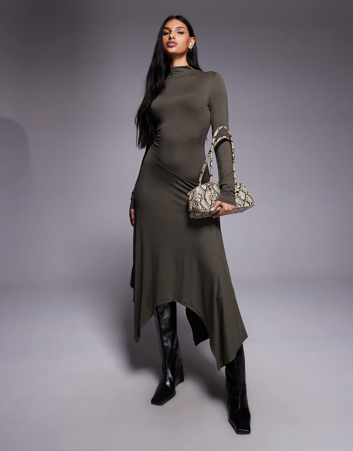 ASOS DESIGN funnel neck hanky hem midi dress in khaki
