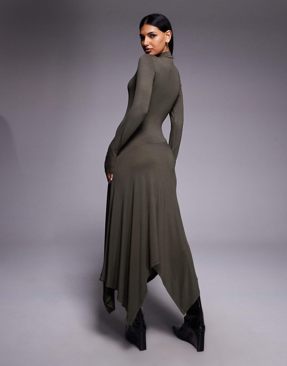 ASOS DESIGN funnel neck hanky hem midi dress in khaki