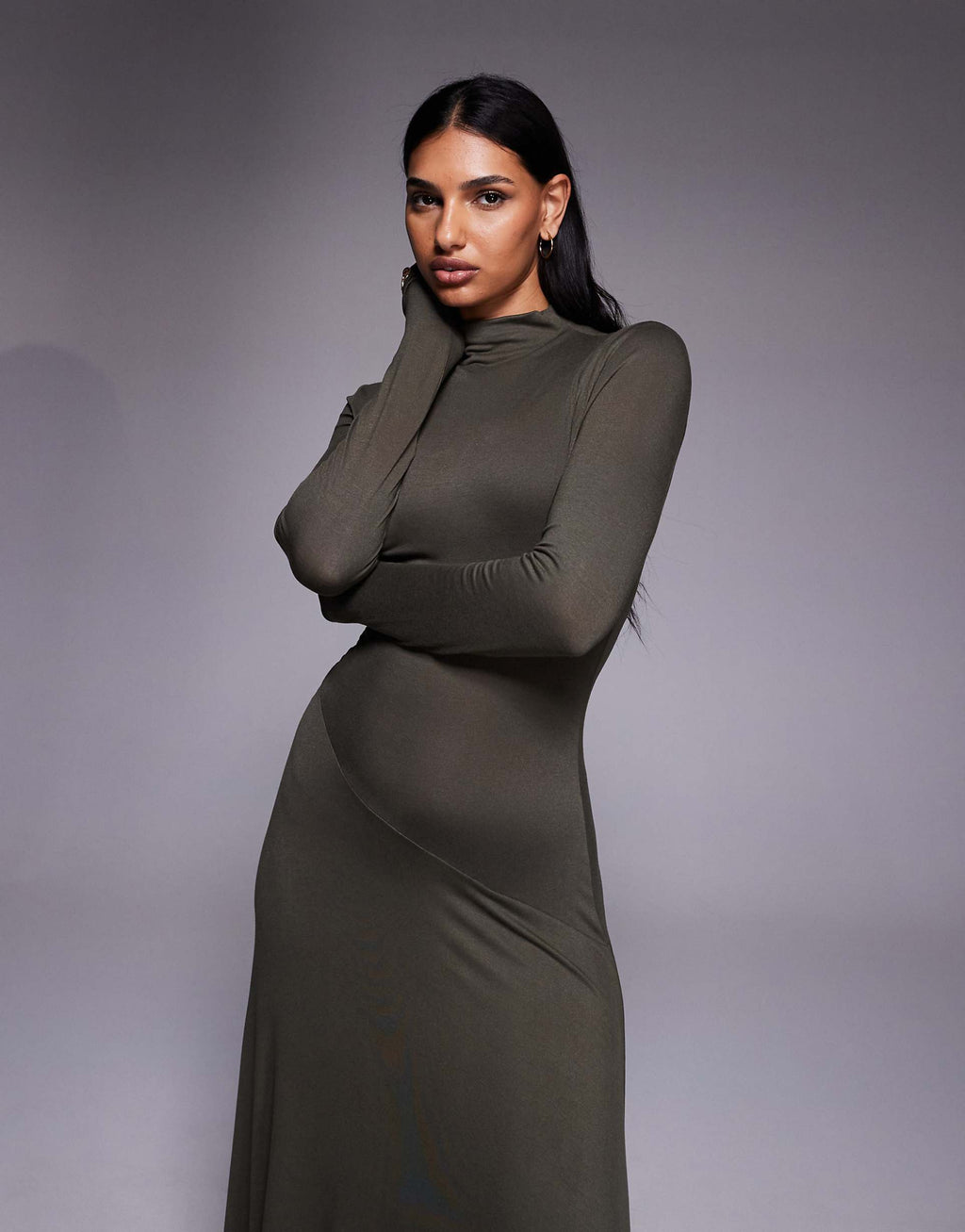 ASOS DESIGN funnel neck hanky hem midi dress in khaki