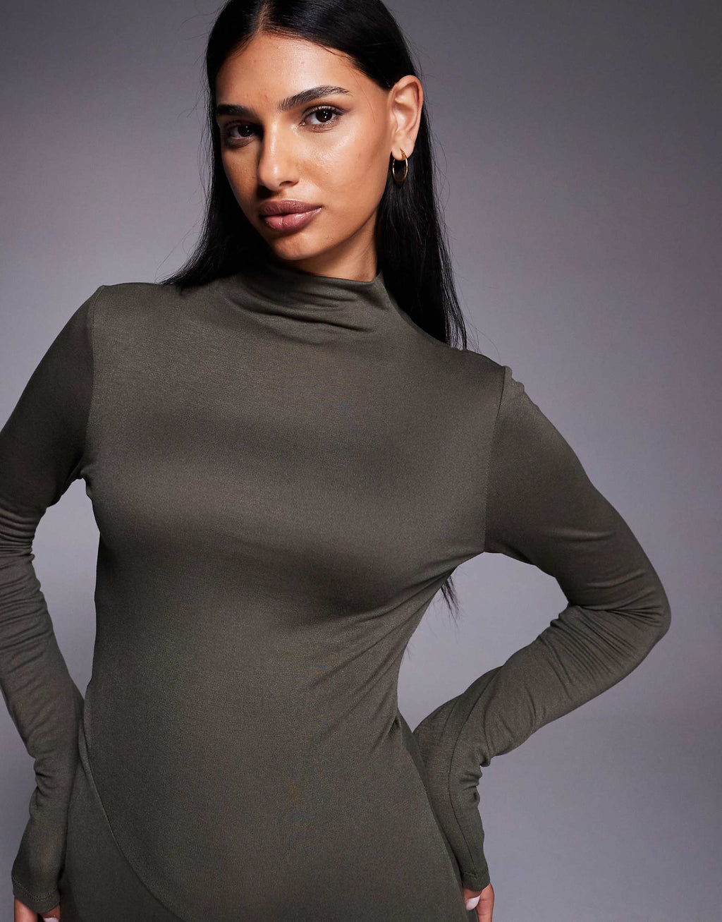 ASOS DESIGN funnel neck hanky hem midi dress in khaki
