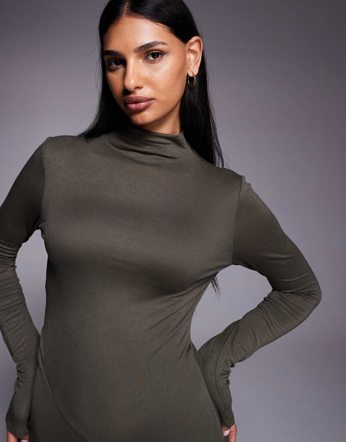 ASOS DESIGN funnel neck hanky hem midi dress in khaki