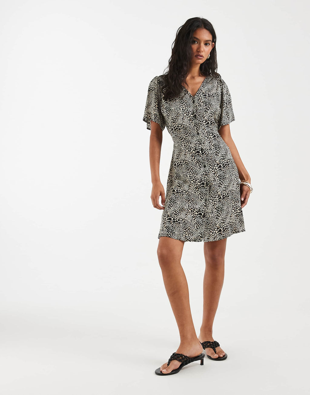 ONLY v neck tie waist mini dress in leo print