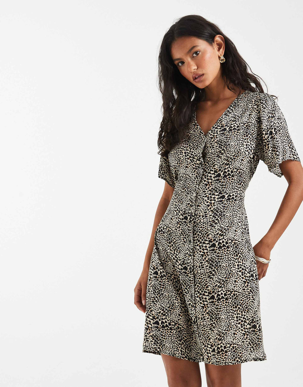 ONLY v neck tie waist mini dress in leo print