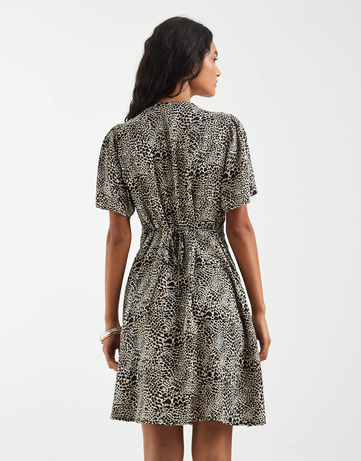 ONLY v neck tie waist mini dress in leo print