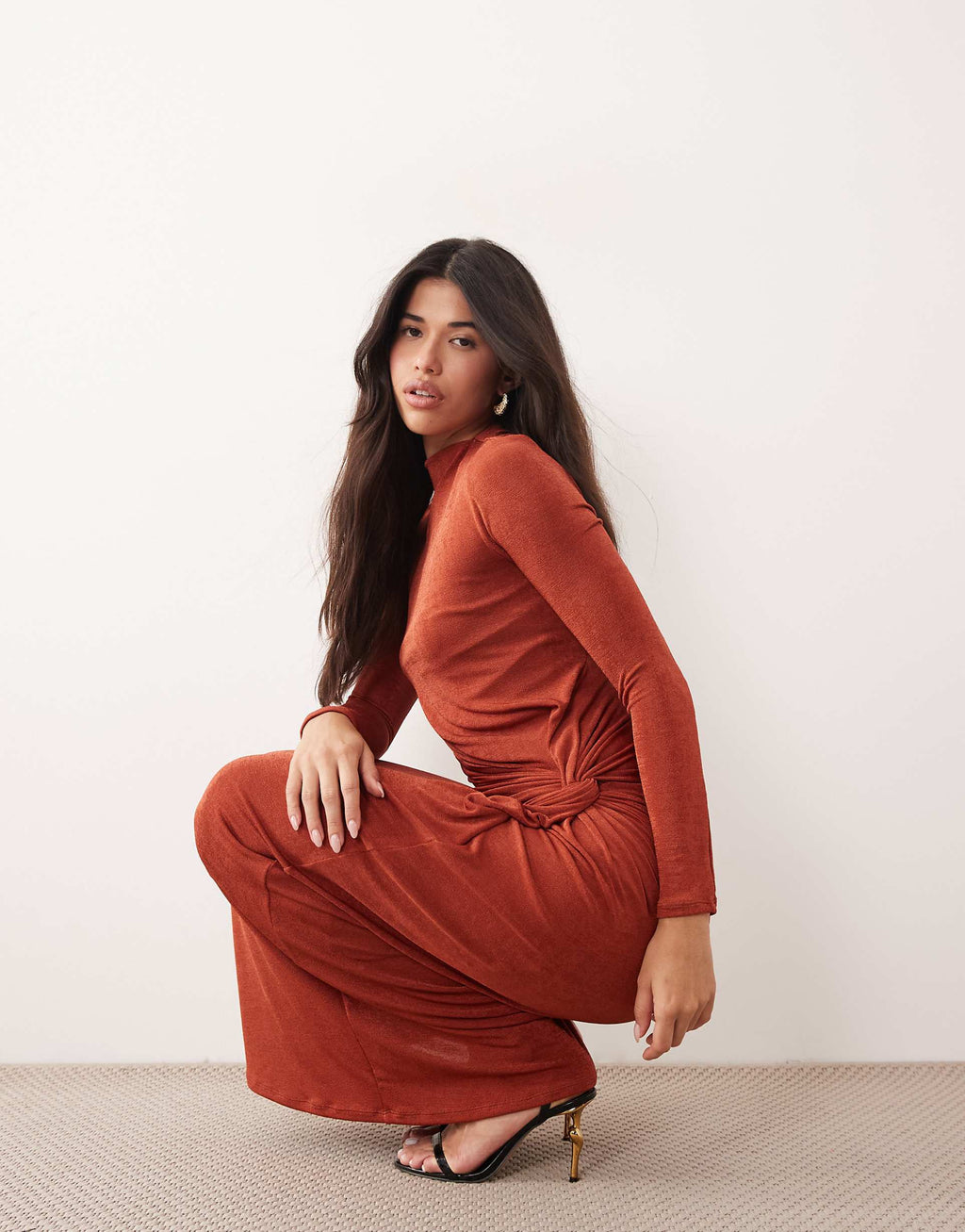 Daska stretch long sleeve high neck twist maxi dress in rust