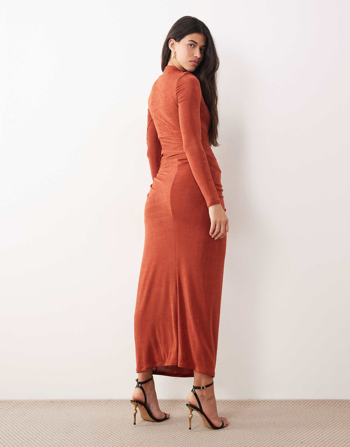 Daska stretch long sleeve high neck twist maxi dress in rust