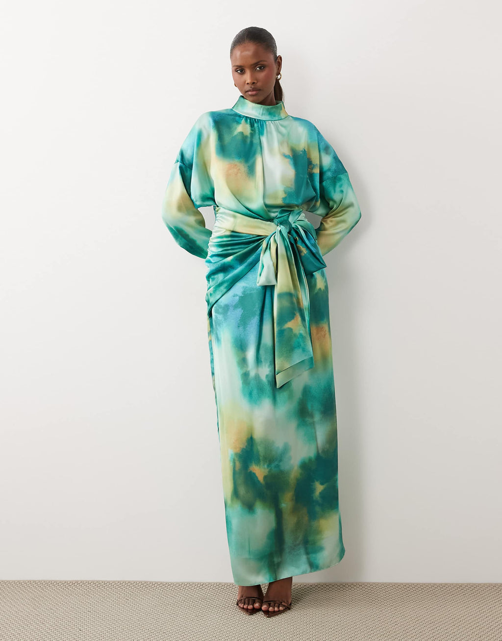 Daska satin high neck long sleeve knot detail maxi dress in green blur print