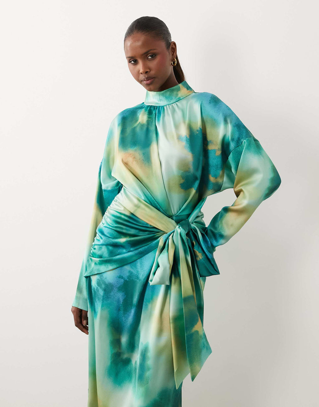 Daska satin high neck long sleeve knot detail maxi dress in green blur print