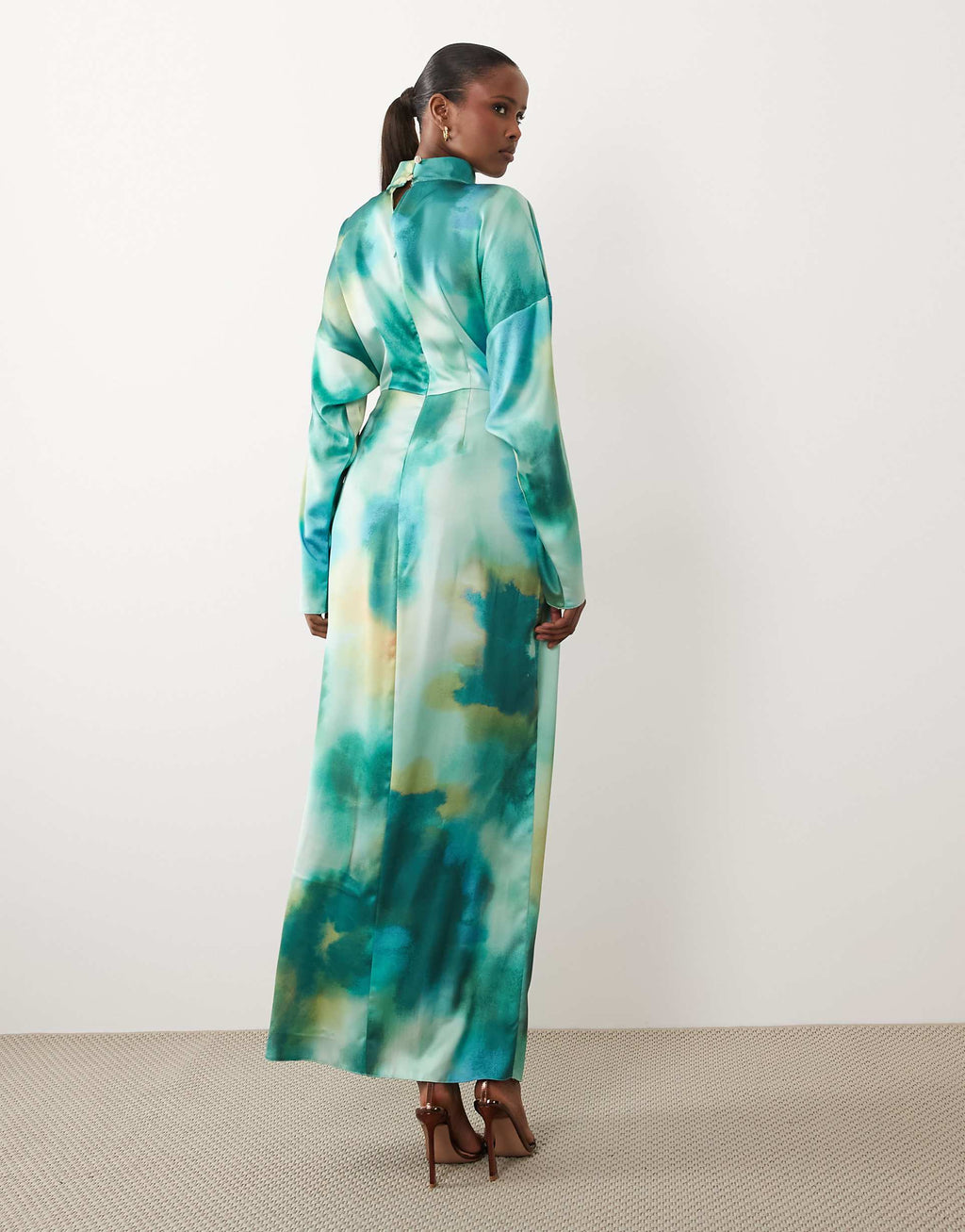 Daska satin high neck long sleeve knot detail maxi dress in green blur print