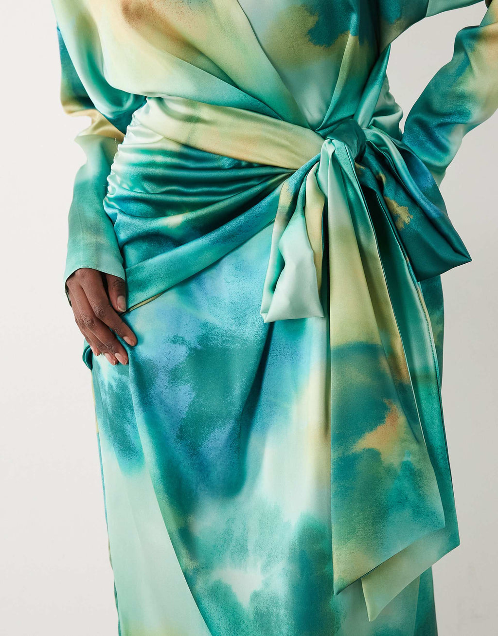 Daska satin high neck long sleeve knot detail maxi dress in green blur print