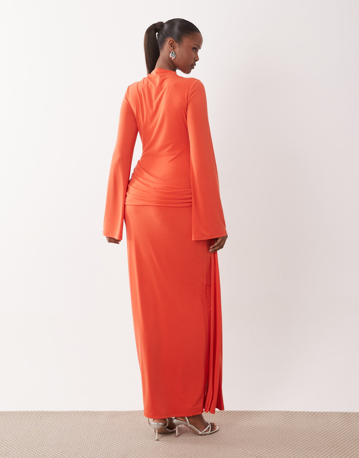 Daska slinky long sleeve high neck twist drape detail maxi dress in orange