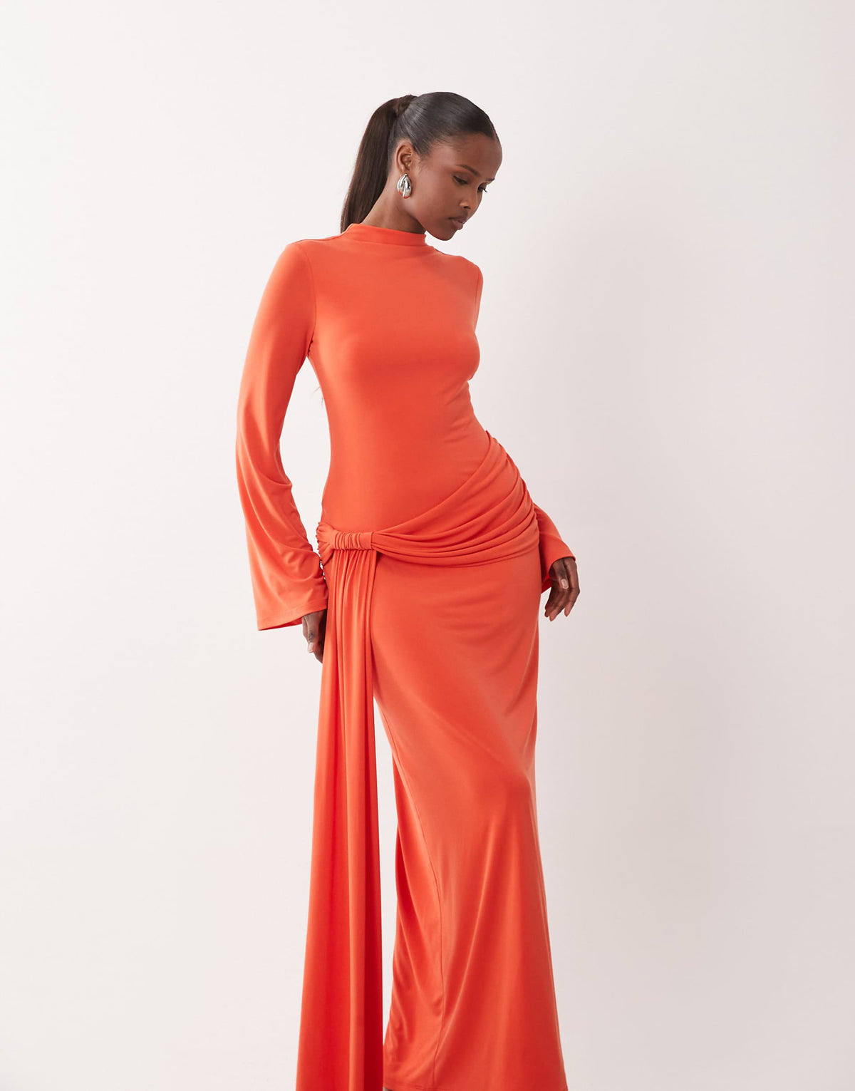 Daska slinky long sleeve high neck twist drape detail maxi dress in orange