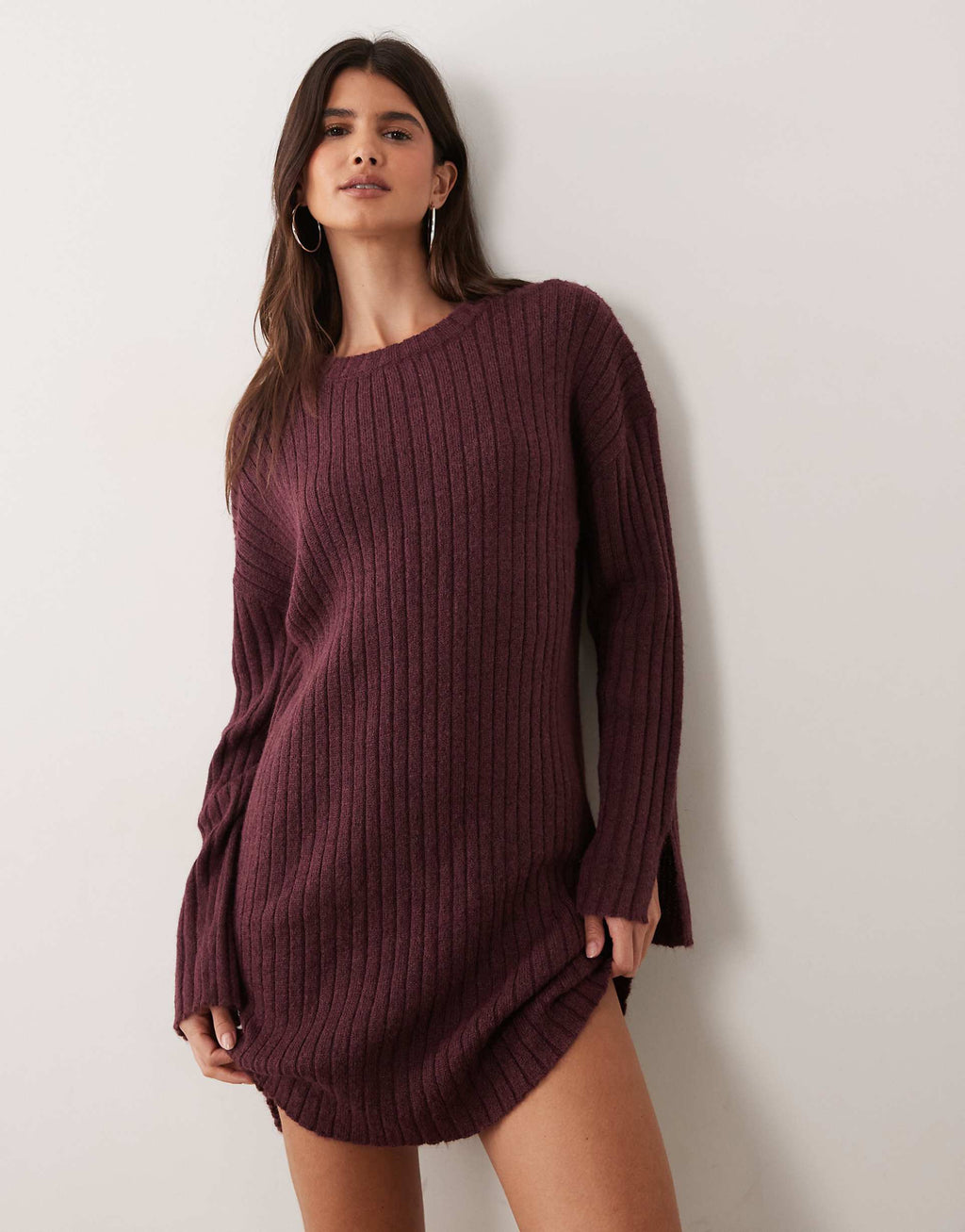Miss Selfridge knit ribbed cozy mini dress in plum