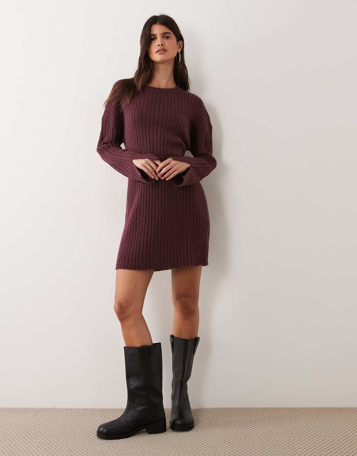 Miss Selfridge knit ribbed cozy mini dress in plum