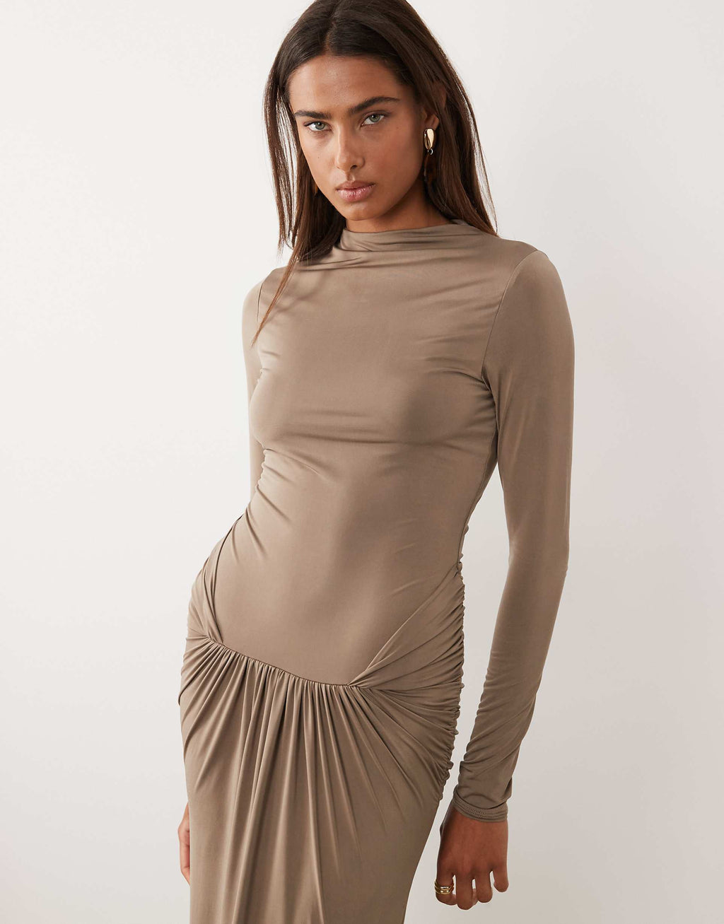 ASOS DESIGN slinky high neck maxi dress with waist detail in mocha