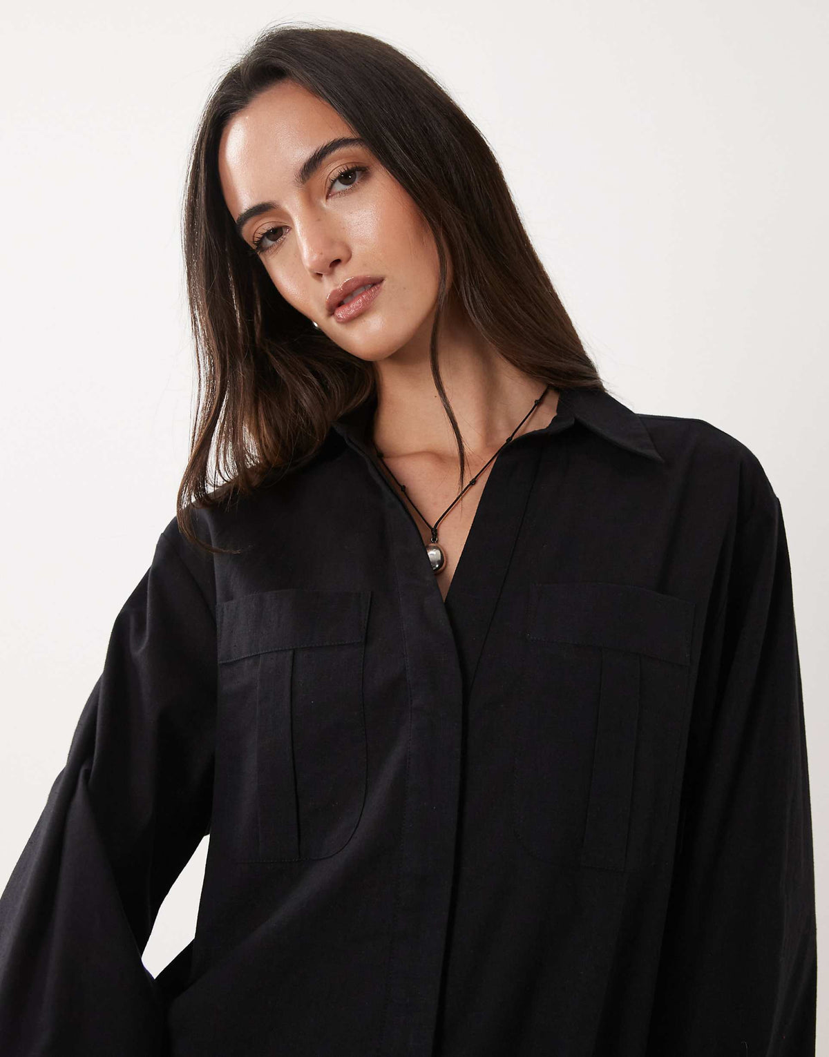 ASOS DESIGN cotton linen mini shirt dress with wide cuffs and oversized pockets in black