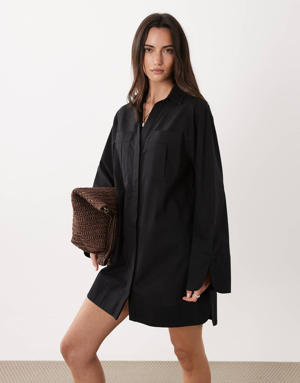 ASOS DESIGN cotton linen mini shirt dress with wide cuffs and oversized pockets in black
