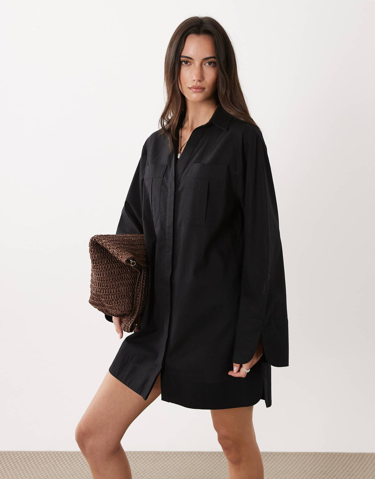 ASOS DESIGN cotton linen mini shirt dress with wide cuffs and oversized pockets in black