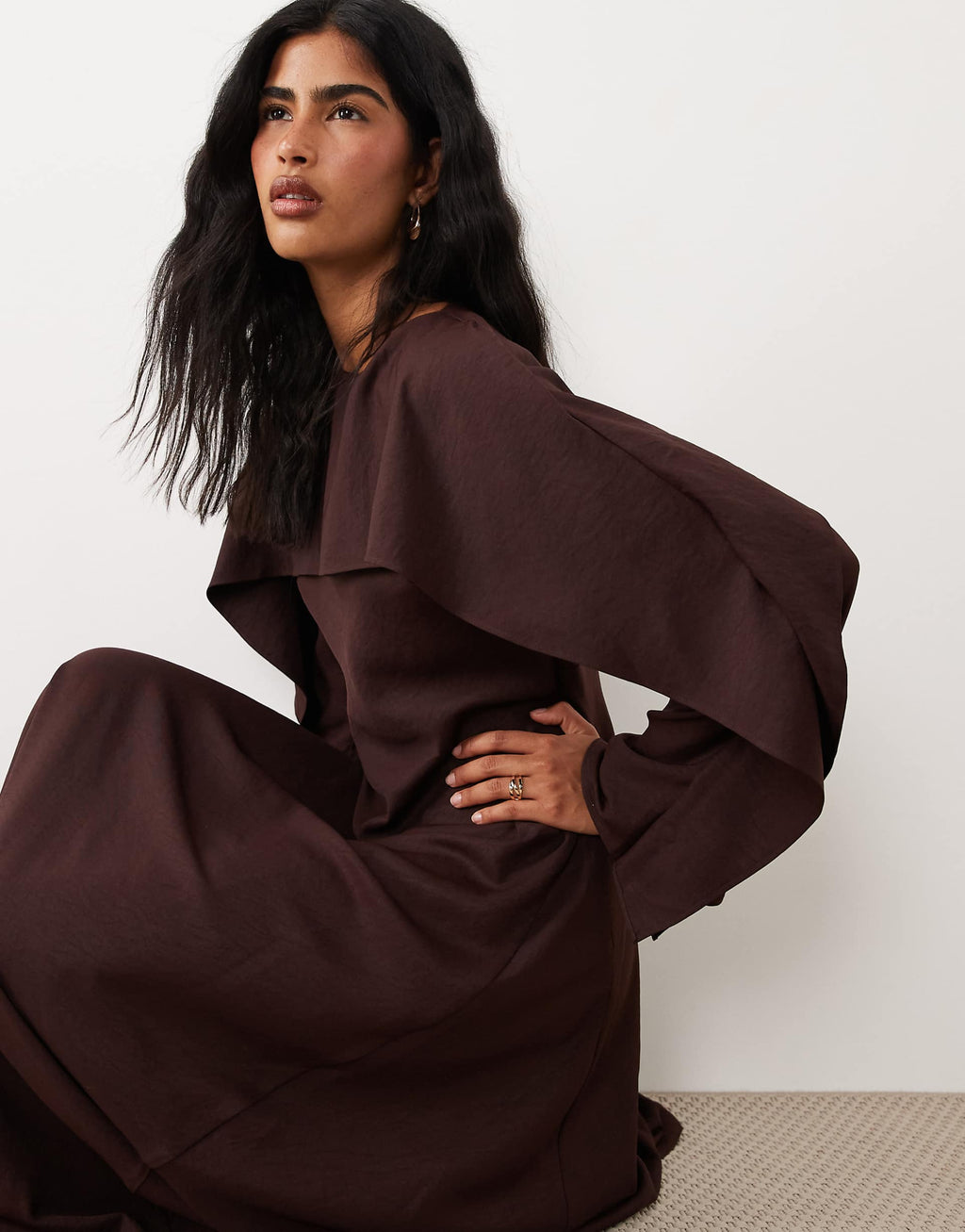 ASOS DESIGN godet maxi dress with cape in eggplant