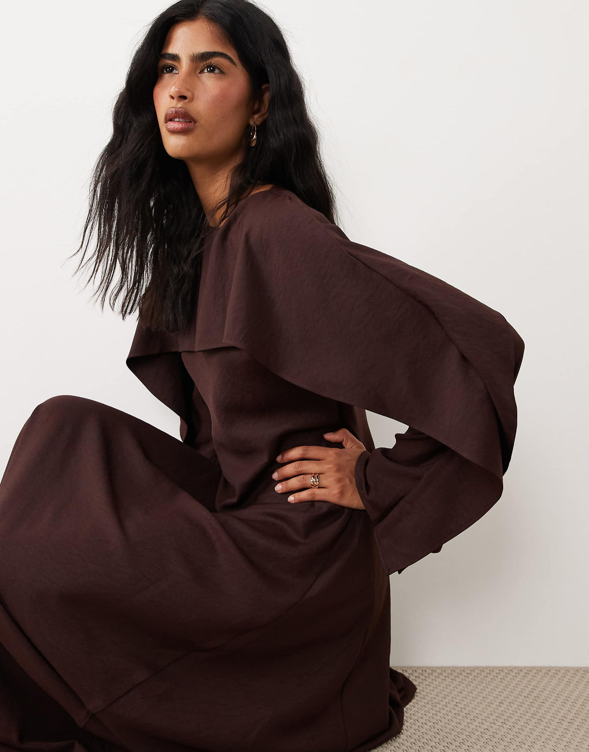 ASOS DESIGN godet maxi dress with cape in eggplant