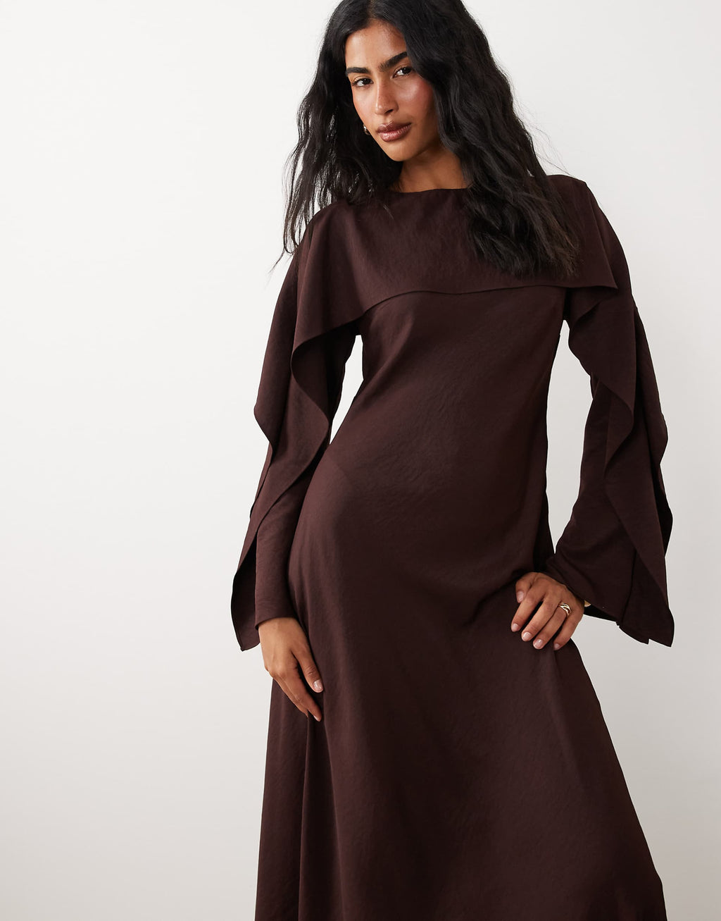 ASOS DESIGN godet maxi dress with cape in eggplant
