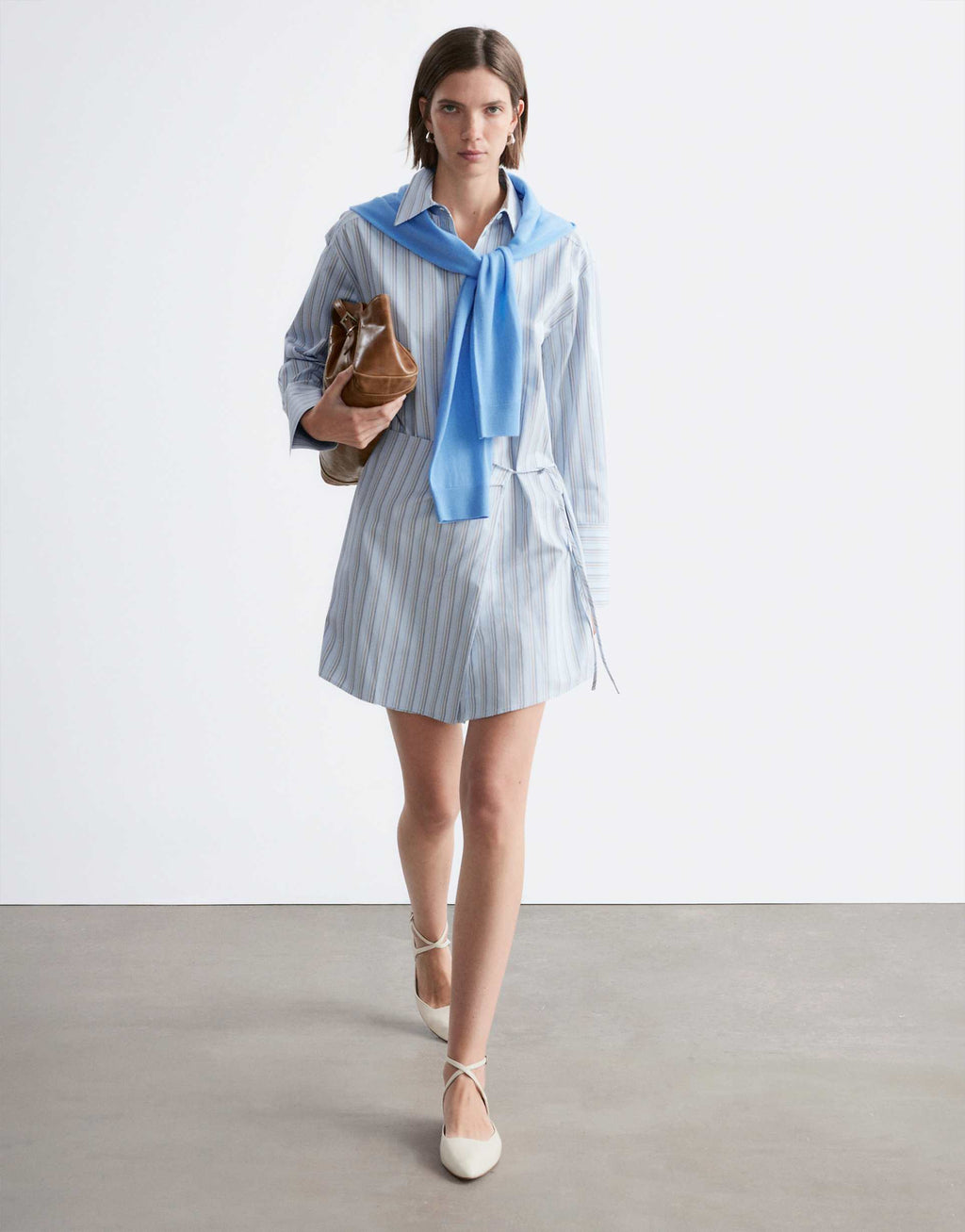 & Other Stories pure cotton mini wrap shirt dress in blue pinstripe