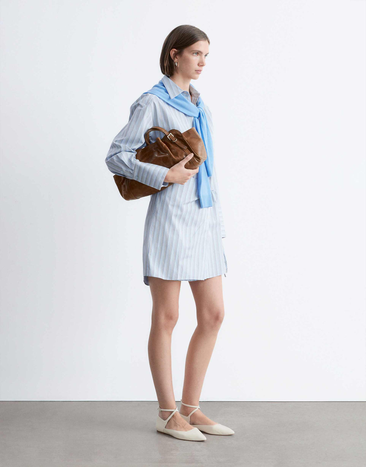 & Other Stories pure cotton mini wrap shirt dress in blue pinstripe