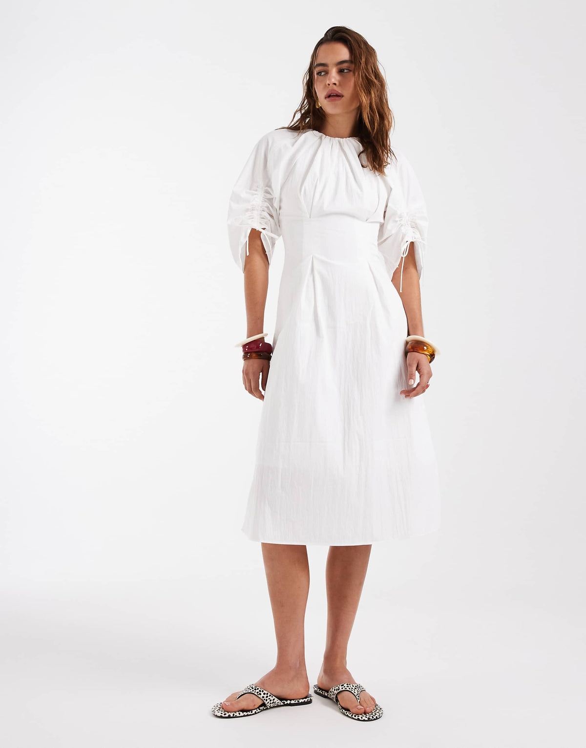 & Other Stories volume cinched sleeves midi dress in white