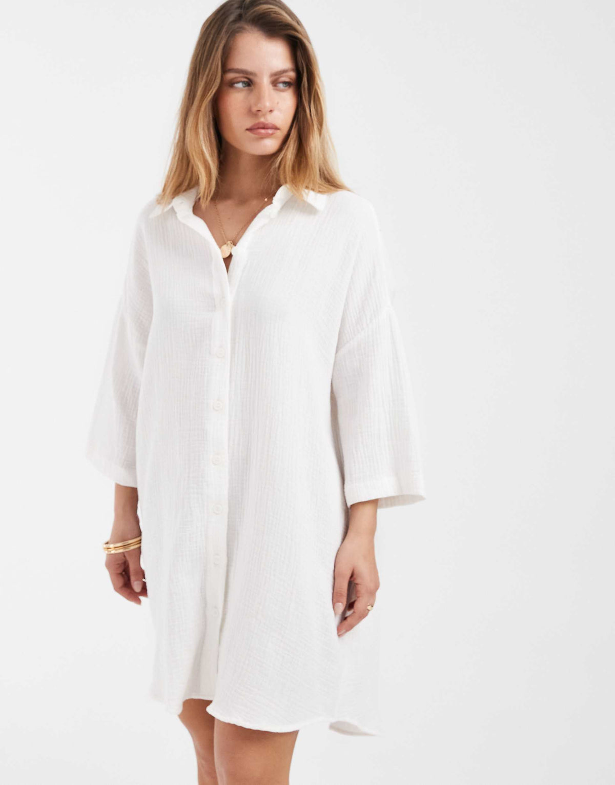Vero Moda Petite cheesecloth textured oversized shirt dress in white
