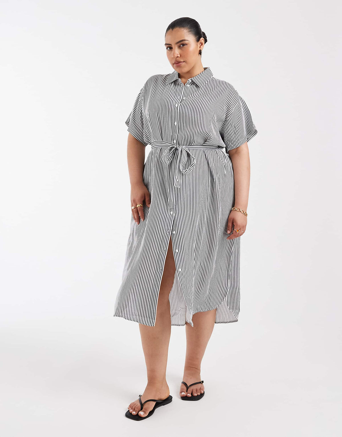 Vero Moda Curve shirt midi dress with tie belt in navy and white stripes
