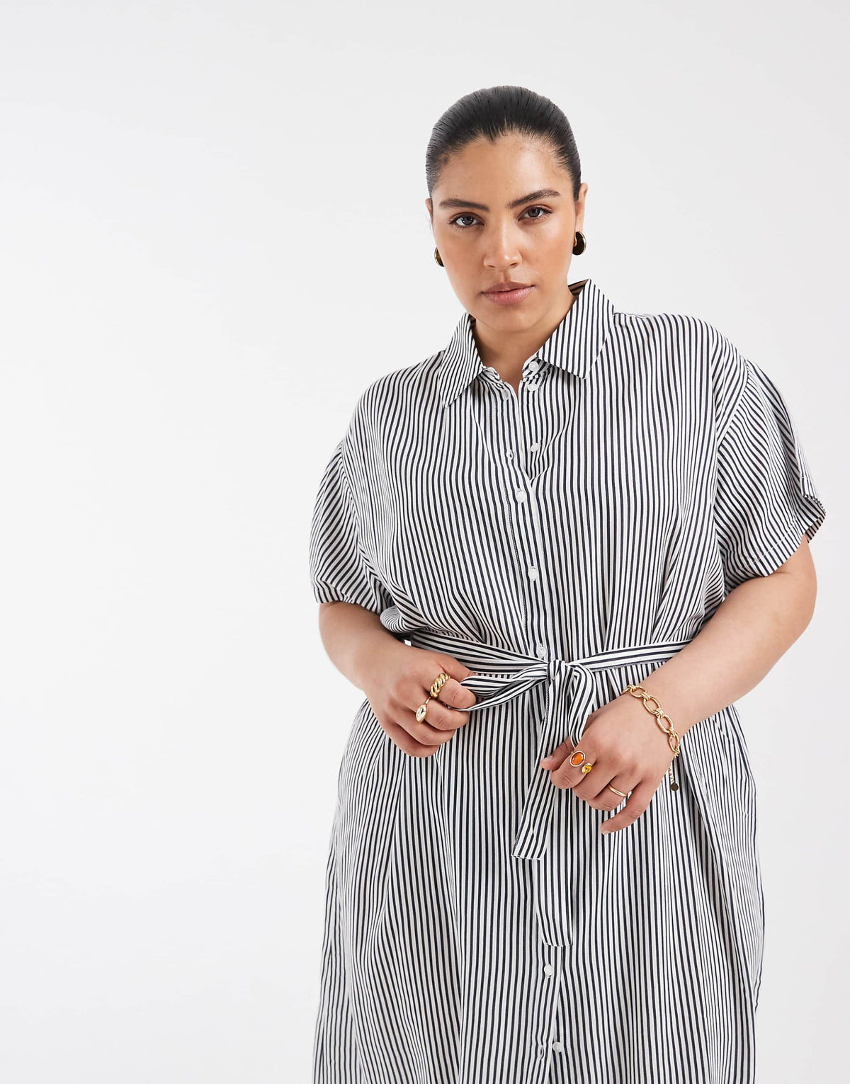 Vero Moda Curve shirt midi dress with tie belt in navy and white stripes