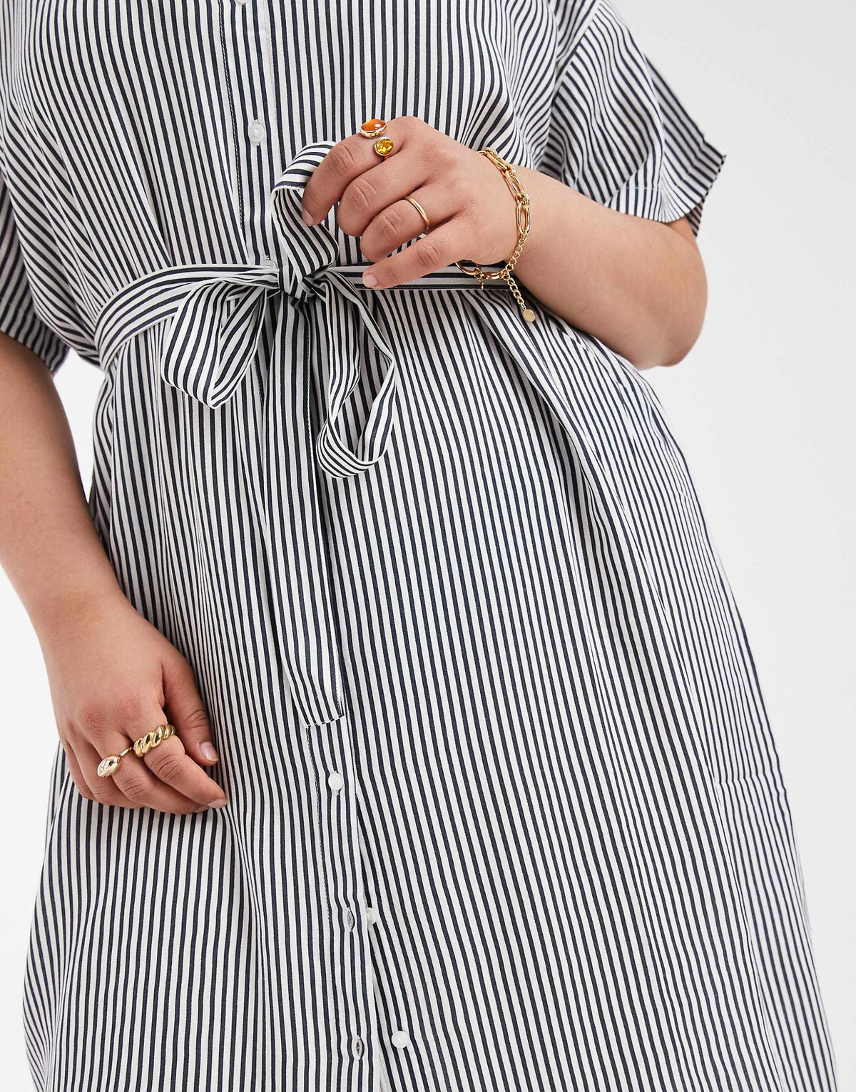 Vero Moda Curve shirt midi dress with tie belt in navy and white stripes