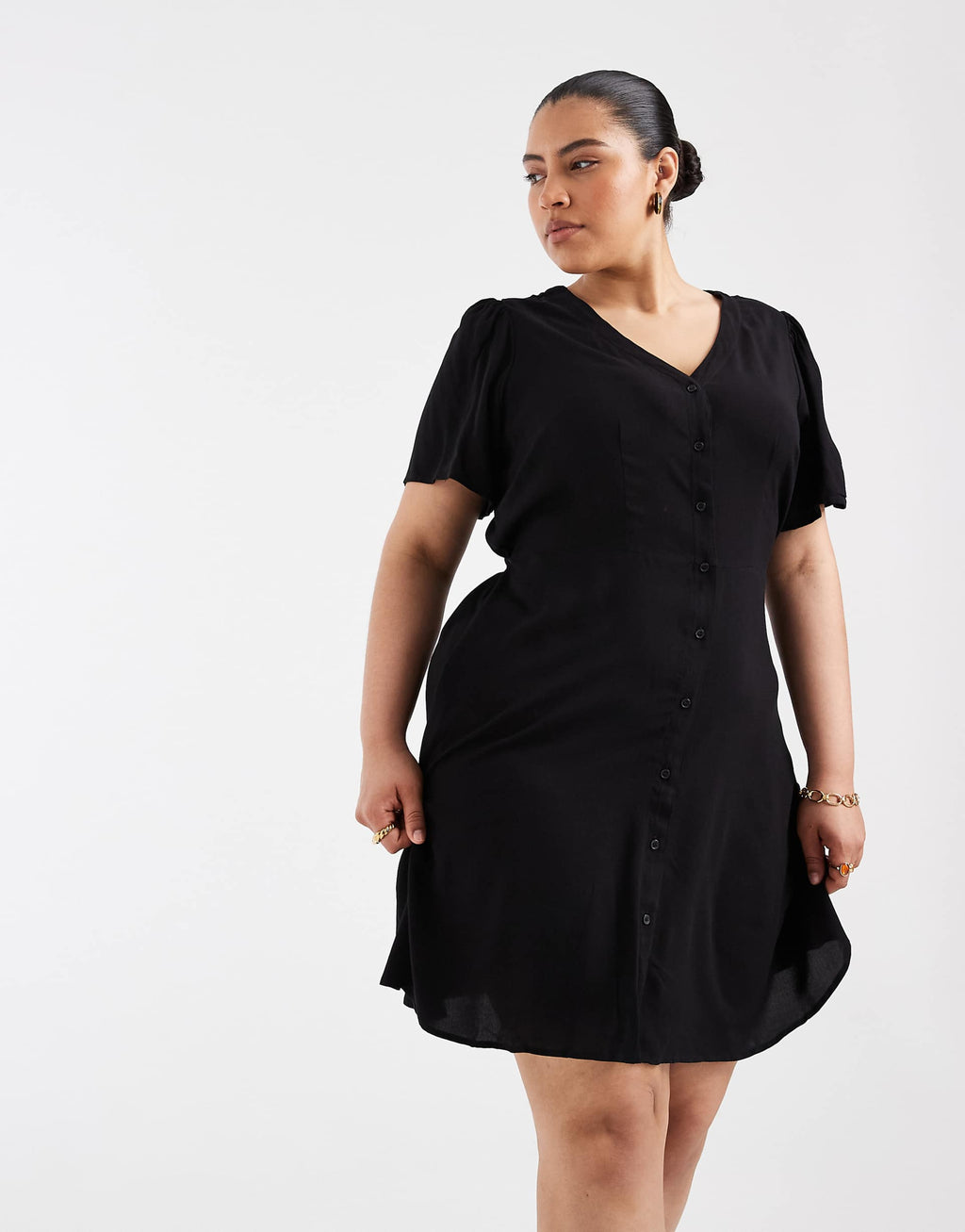 Vero Moda Curve button up mini skater dress in black