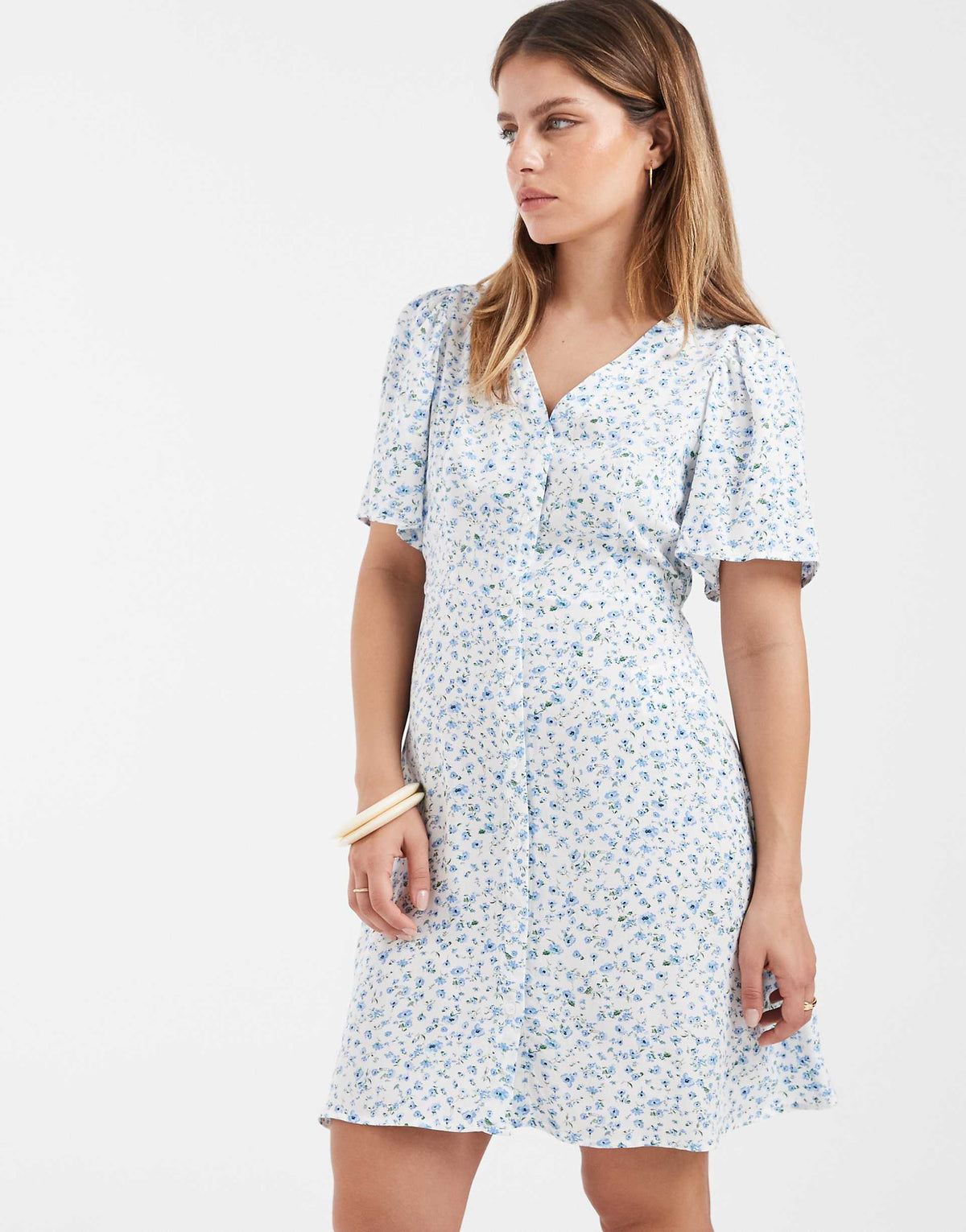 Vero Moda Petite button up mini skater dress in white based blue ditsy floral