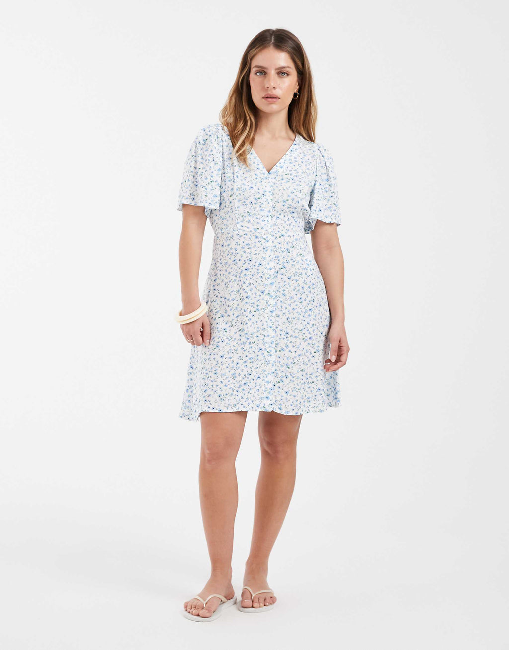 Vero Moda Petite button up mini skater dress in white based blue ditsy floral