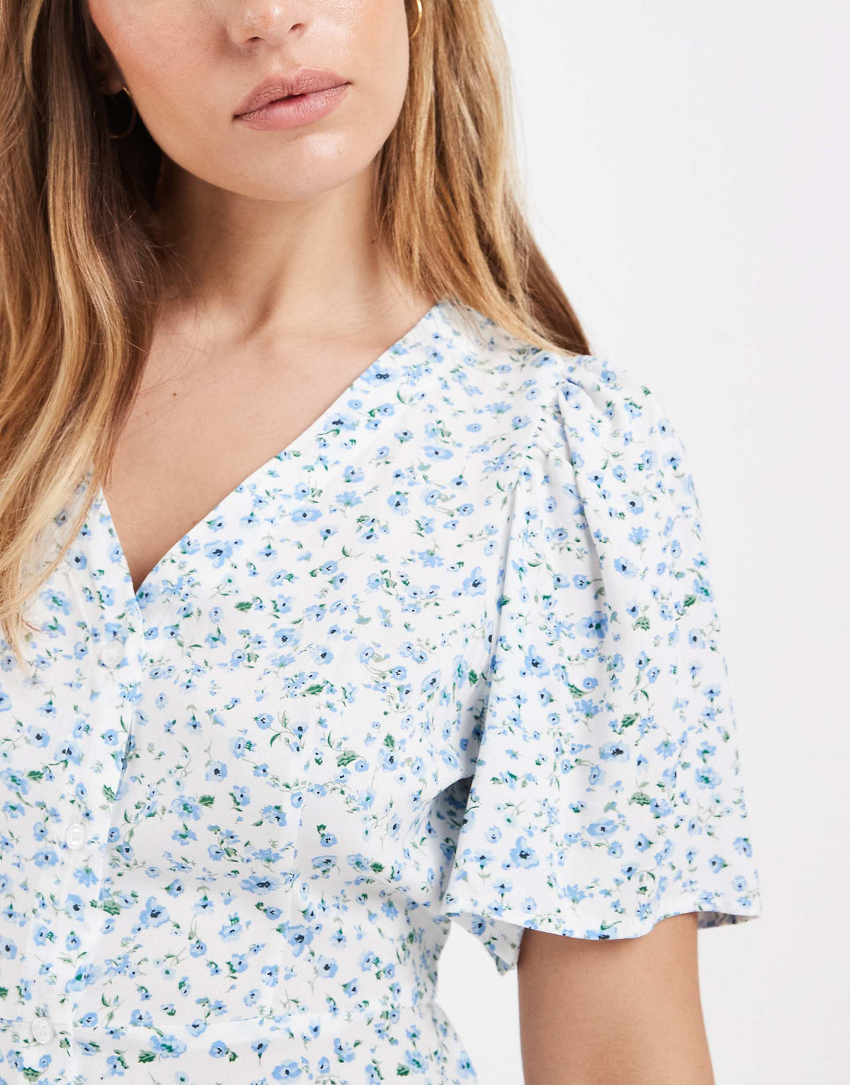 Vero Moda Petite button up mini skater dress in white based blue ditsy floral
