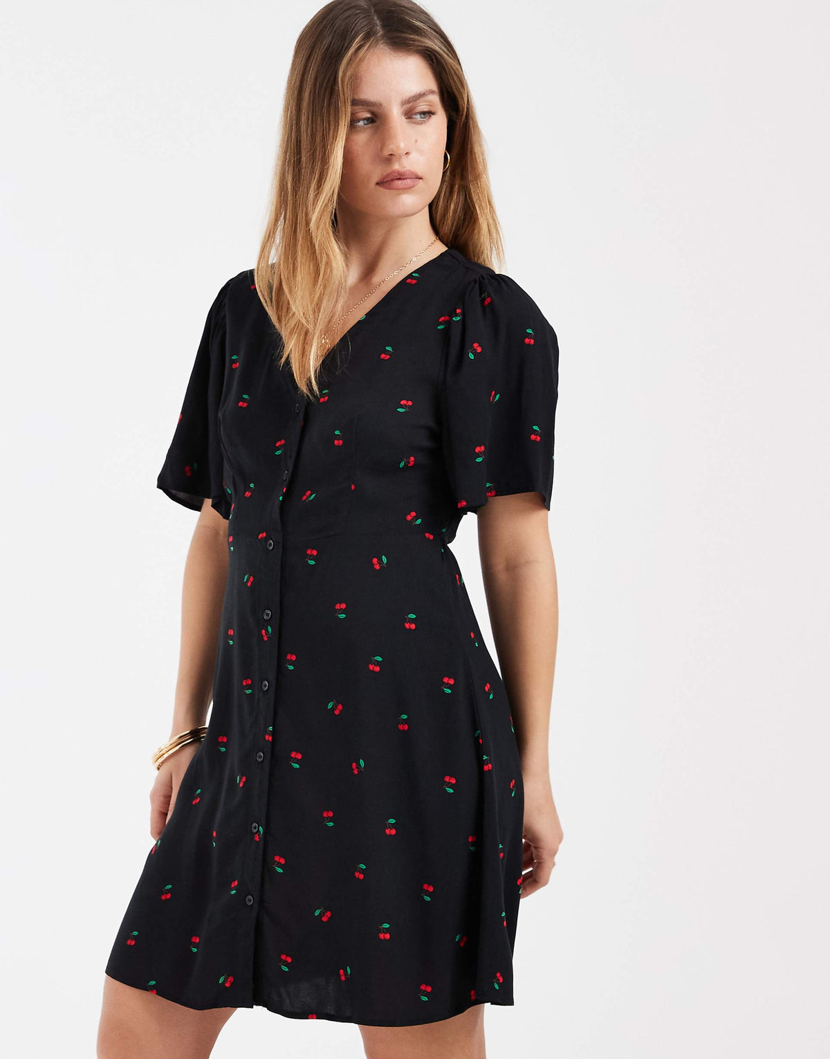 Vero Moda Petite button up skater mini dress with cherry print in black