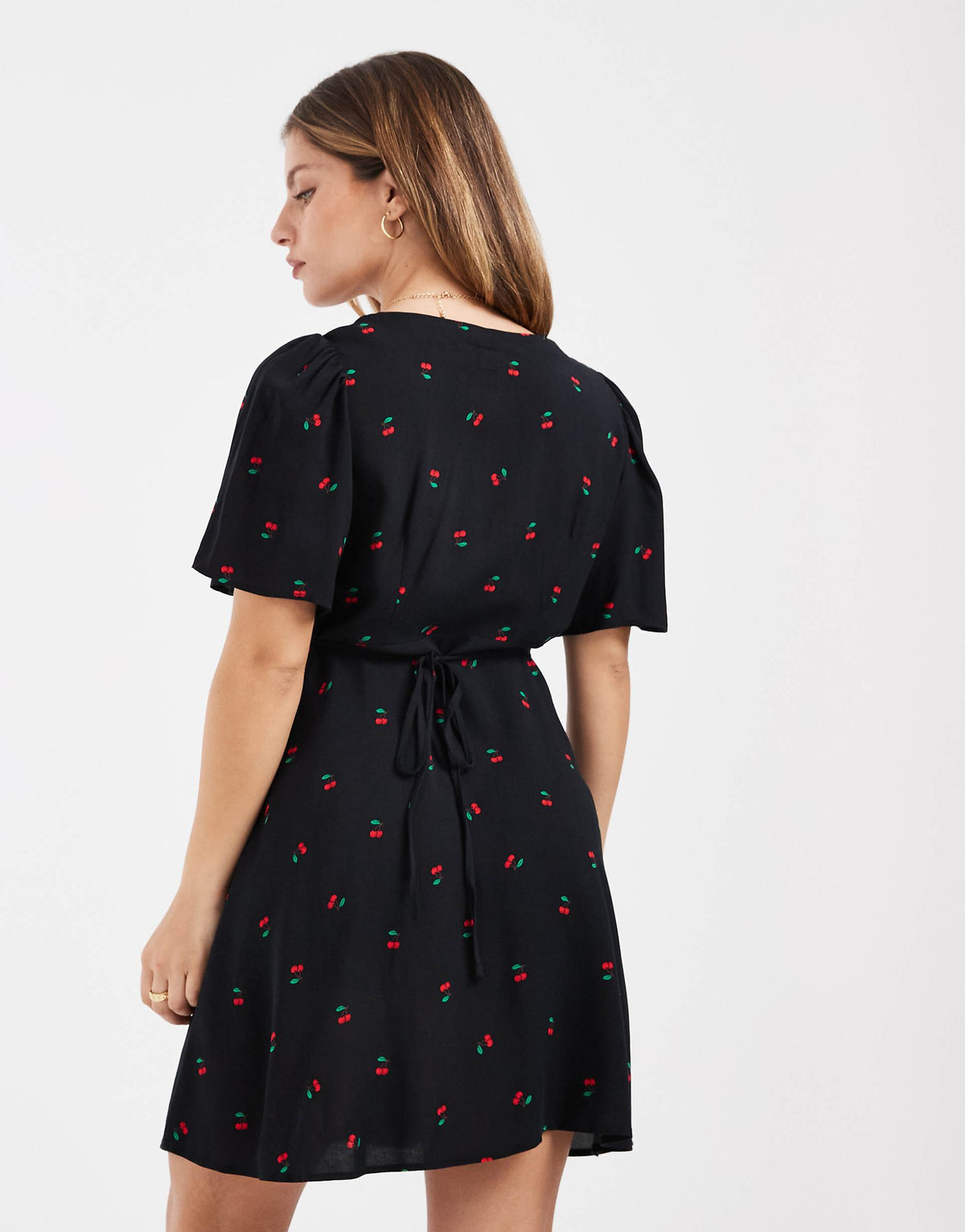 Vero Moda Petite button up skater mini dress with cherry print in black