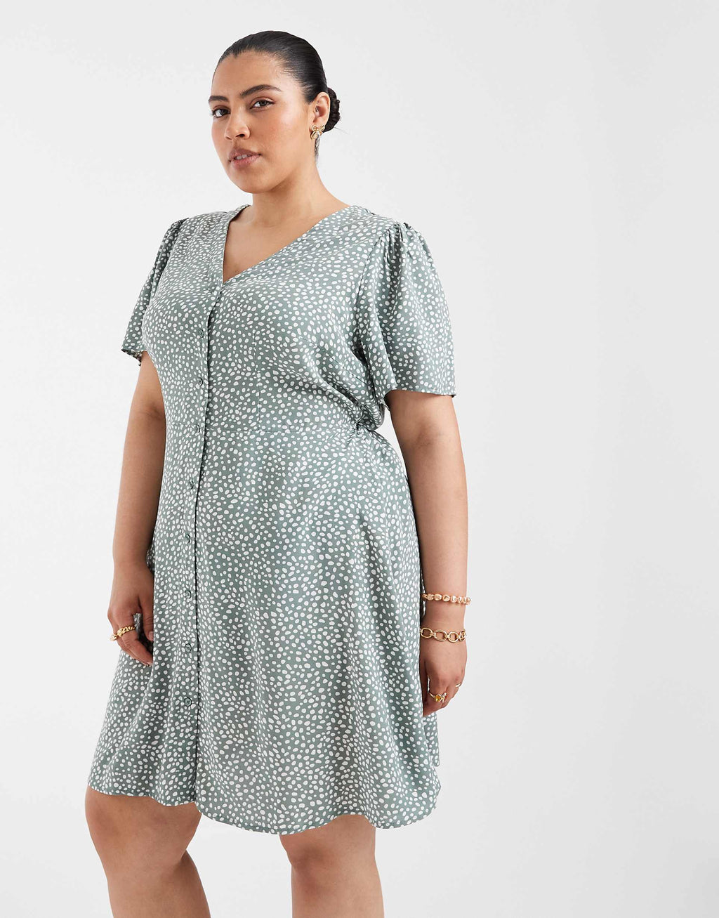 Vero Moda Curve button up mini skater dress in sage green spot